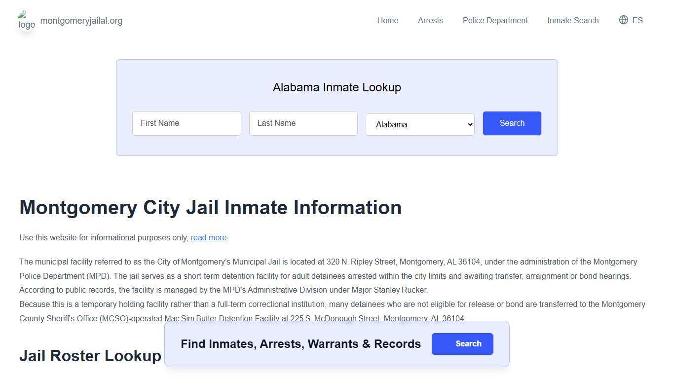 Montgomery Jail, AL Inmate Roster, Municipal Jail Info
